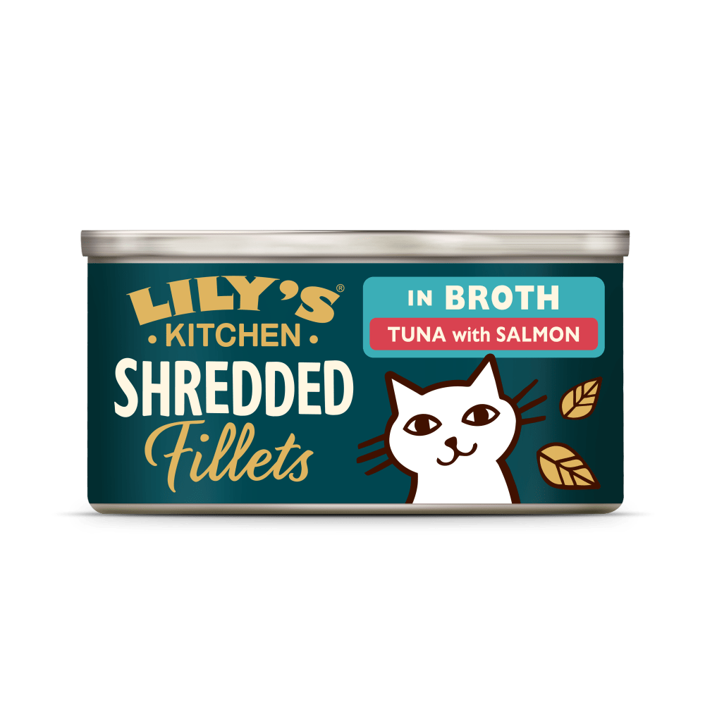 Can of Lily's Kitchen Shredded Fillets tuna with salmon in broth on a white background