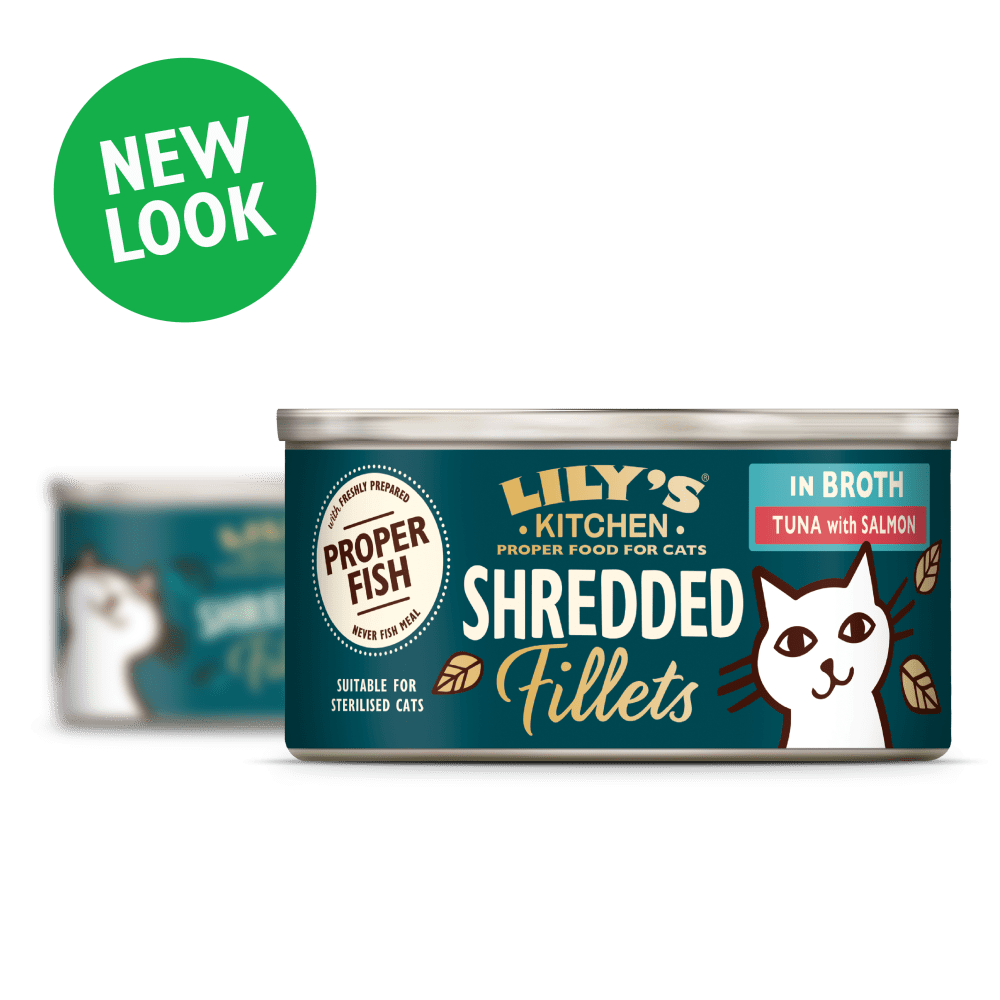 Lily's Kitchen cat food can with 'New Look' label on a white background