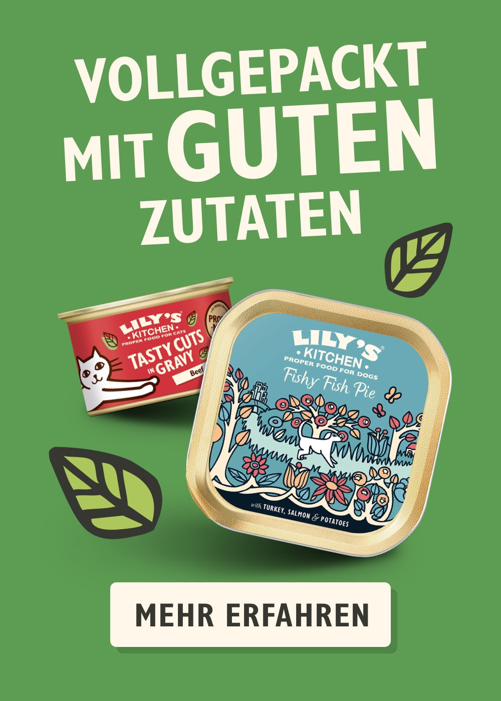 Lily's Kitchen cat food tins on a green background with text in German.