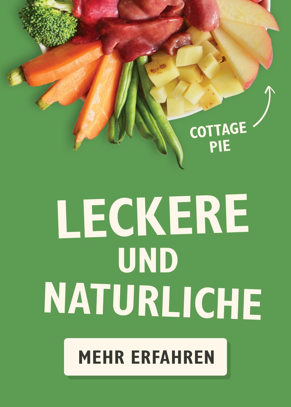 Assorted vegetables with text 'Cottage Pie' and 'Leckere und natörliche' on a green background