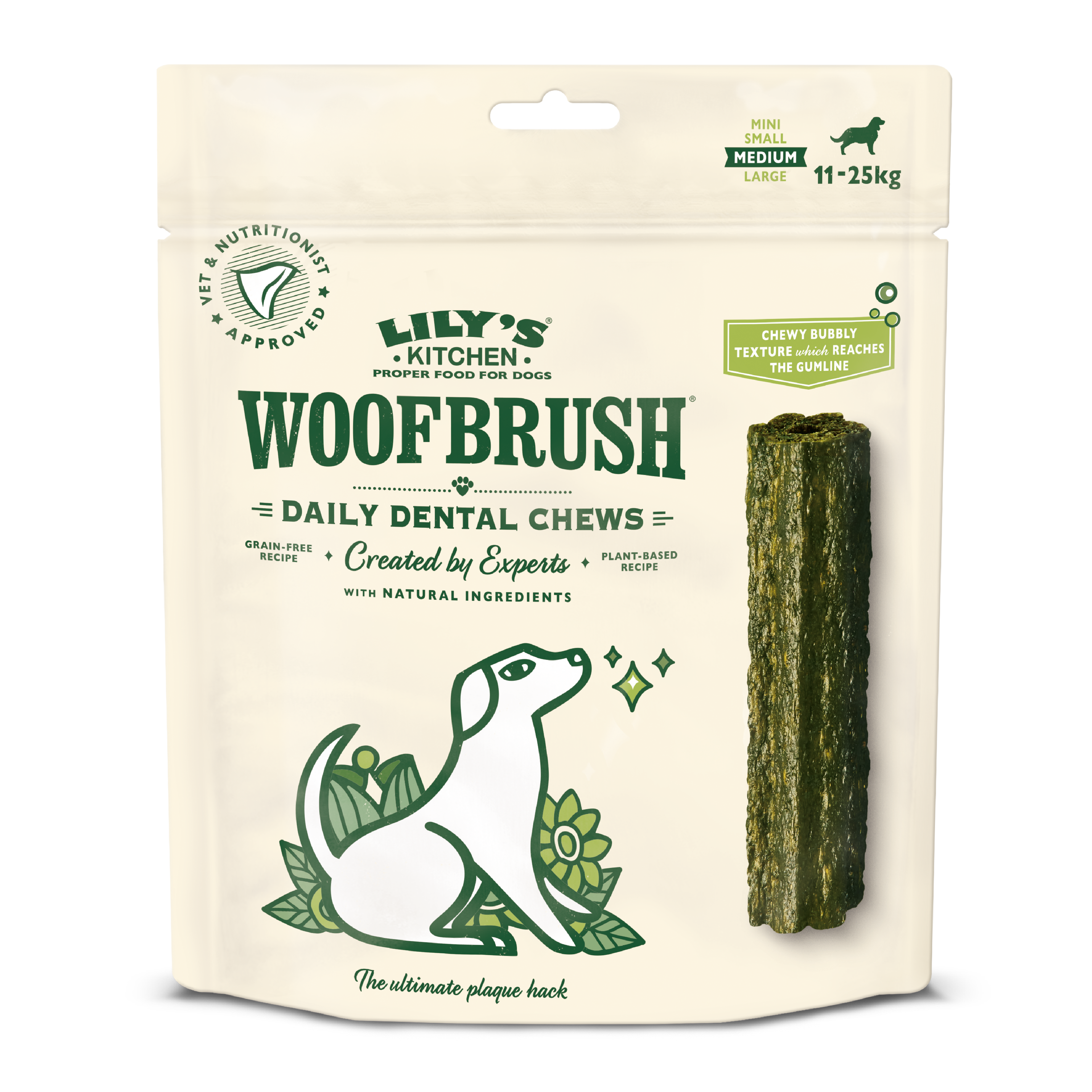 Packaging of Lily's Kitchen Woofbrush Daily Dental Chews for dogs on a white background